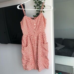 Heart shape front botton down red dot dress 
Size: S (fits XS/S)